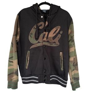 Mensfield Cali Sweatshirt Jacket Mens Large Black Camo Sleeve Hooded Snap Front
